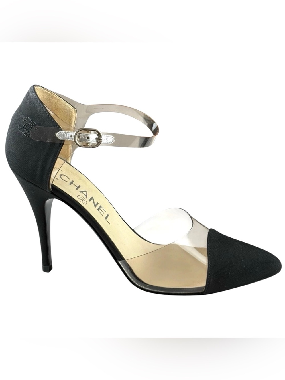 Chanel Black Fabric & Clear PVC Pointed-Toe Heels – Size 37.5